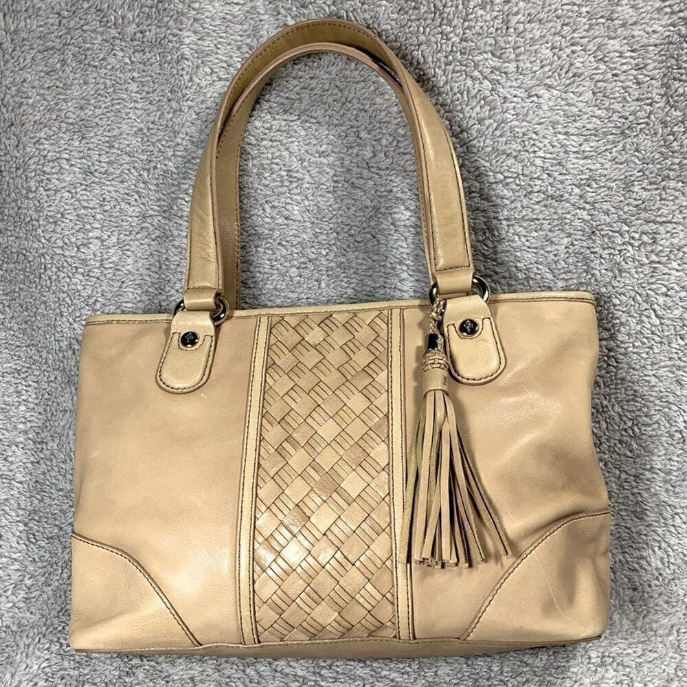 Vintage Cole Haan Mini Satchel Basket Weave Leather Shoulder Bag Purse Palomino